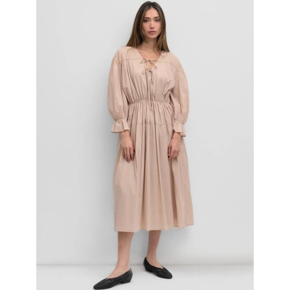 Beige Cotton Peasant Dress -Midi Length Smocked Waist Boho Style